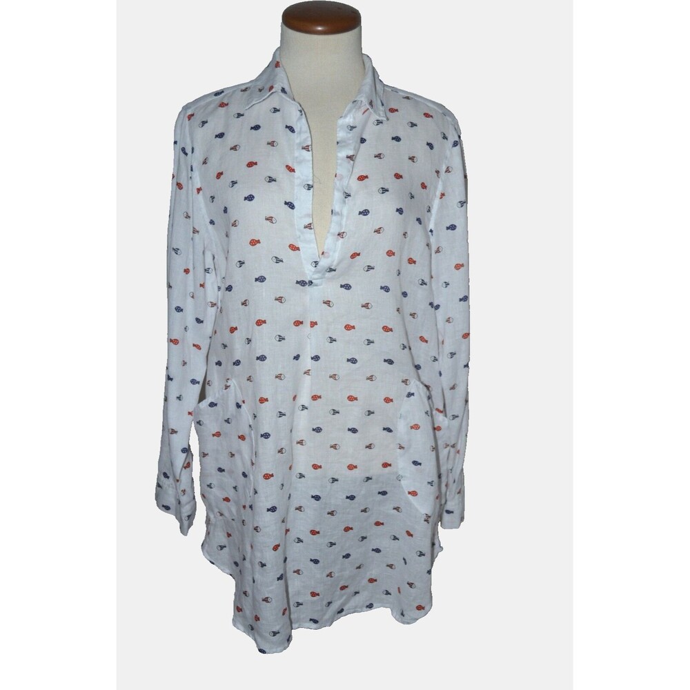 FORCYNTHIA beachwear M White Linen Fish Print Shirt Dress Cover Up Roll Sleeves